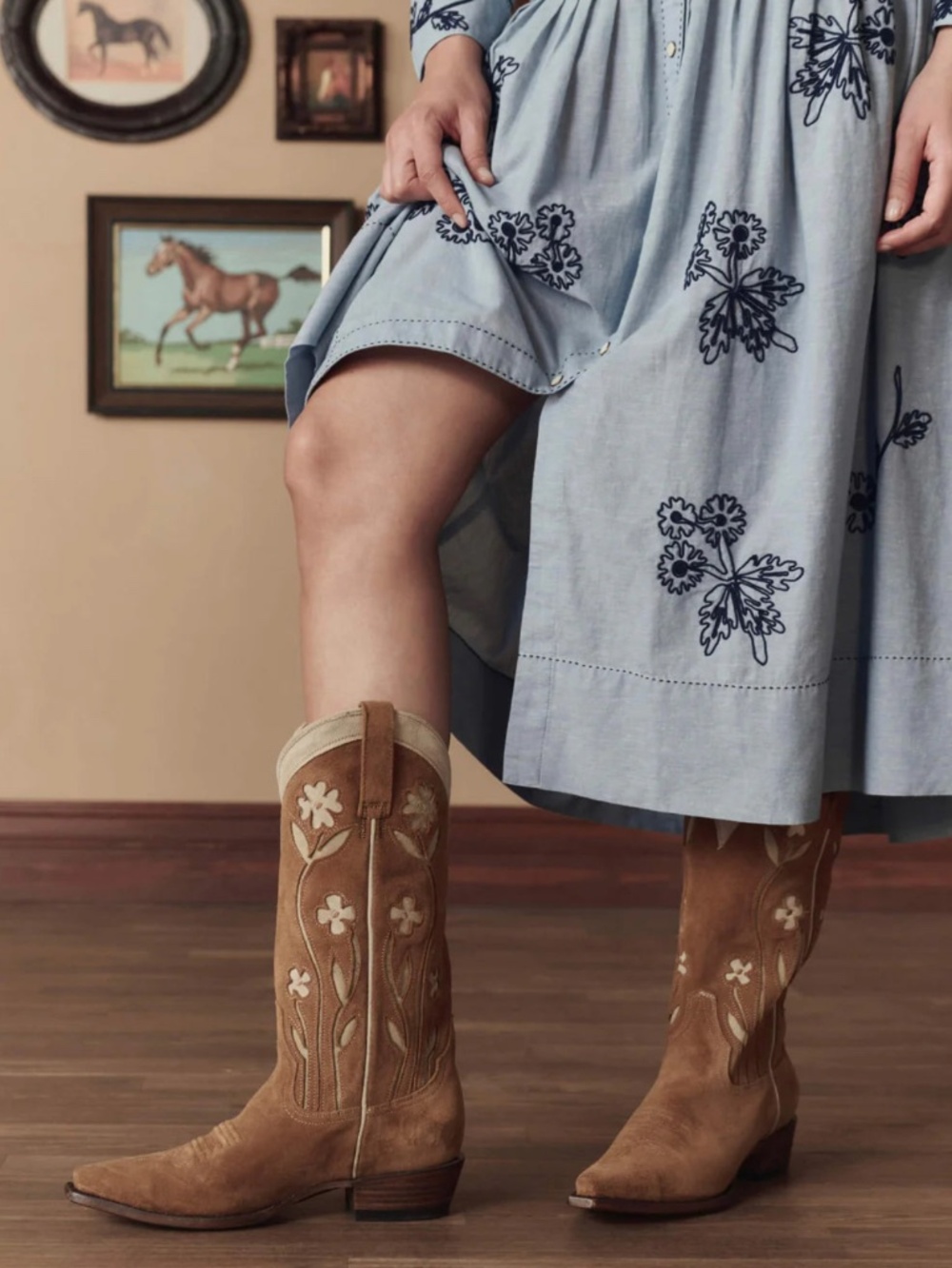 THE GREAT. Tan Suede Embroidered Western Boots